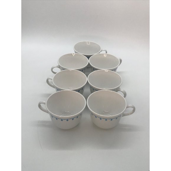Set of 7 Vintage Corelle White w/Blue Snowflakes Ceramic Coffee Cups 6 oz. - Picture 2 of 4